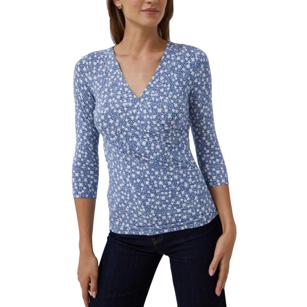 Lauren Ralph Lauren Blue Floral Surplice V-Neck Ruched 3/4 Sleeve Top Womens S